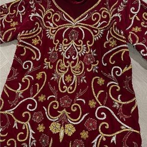 rhinestone, floral, red velvet khaftan dress thoub